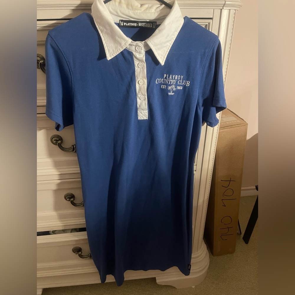Misguided x PLAYBOY Blue Polo Dress with White Accents